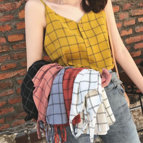 

women's tanks & camis ladies fashion vest chic chiffon check camisole single-breasted v-neck casual retro loose top, White