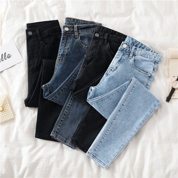 

women's jeans pencil pants 37.5-100kg super stretch spring and autumn style thin skinny large size black blue feet trousers