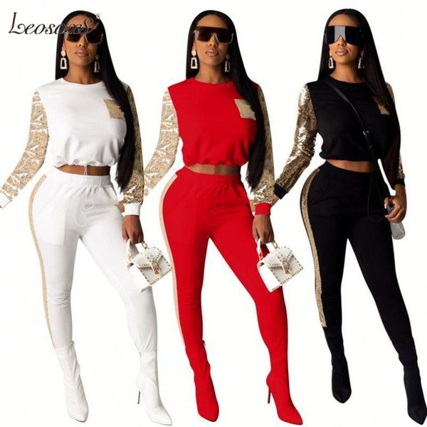 

women's tracksuits women 2 piece set clothes sportswear sequin long sleeve tight sport style club womens two pants suit, Gray