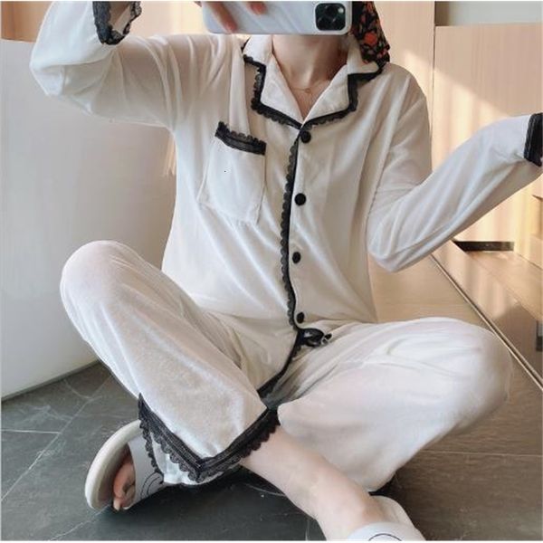 

women's sleepwear gold velvet pajamas women autumn winter korean cardigan lace sweet princess style two-piece suit home service pijama, Black;red