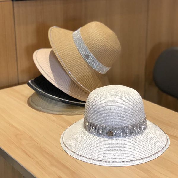 

shiny diamond fisherman hats big brim straw hats woven sun hat women holiday beach hats caps, Blue;gray