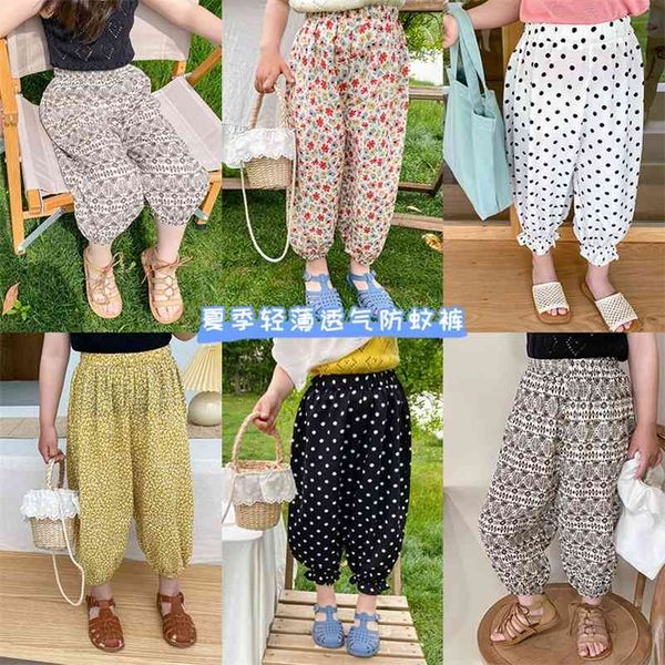 

summer girls lightweight breathable mosquito repellent pants fashion floral thin cool all-match trousers 210708, Blue