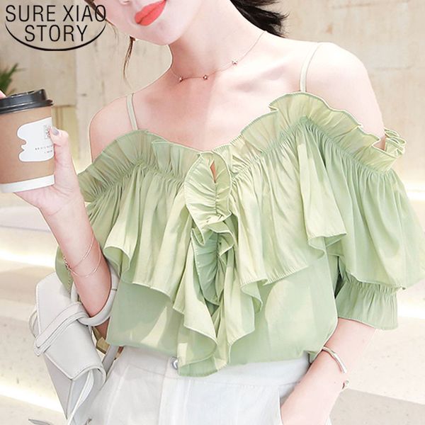 

blusas mujer de moda chiffon shirt green shirts shorts ruffles solid slash neck blouse for women clothing 4931 50 210415, White