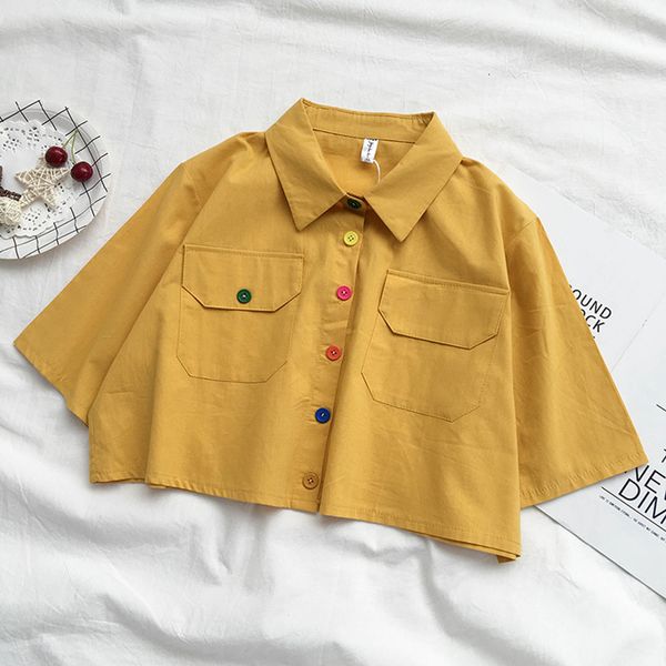 

summer harajuku collar crop white shirt korean cute button short blouse ladies clothing vintage loose green linen femme, White;black