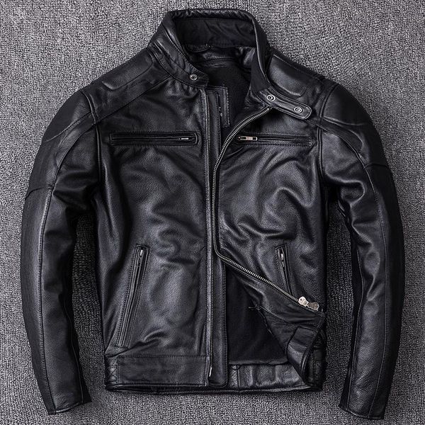 

cowhide genuine 2021 leather jacket men stand collar detachable liner motorcycle biker clothing slim fit short coat men's & faux, Black