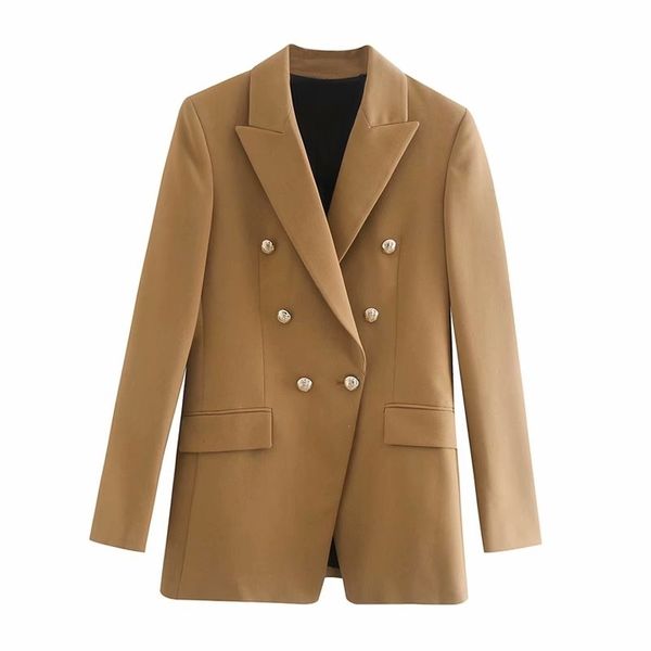 Mulheres elegantes maciço marrom blazer jaquetas moda senhoras duplas seixas seixas casuais femininas vintage meninas 210430