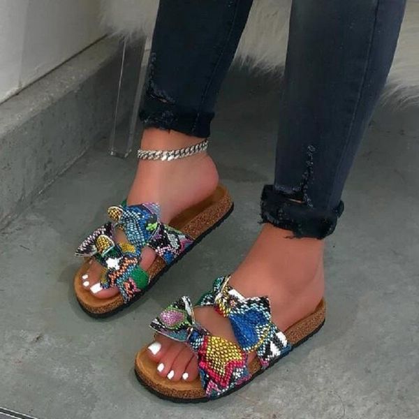 

slippers summer women flat beach sandals open toe platform ladies shoes snake print bow roman outdoor slides female flip flops, Black