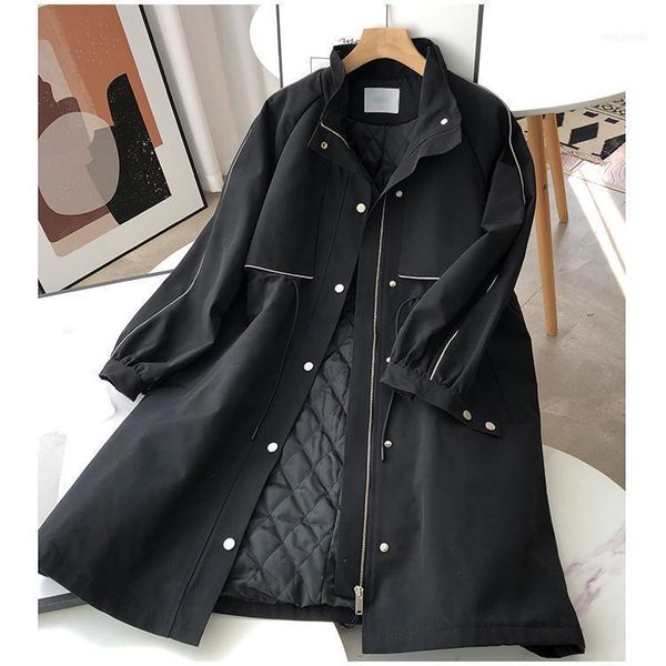 

women's trench coats 2021 british mid-length windbreaker winter temperament loose stand-up collar drawstring waist slimming coa, Tan;black