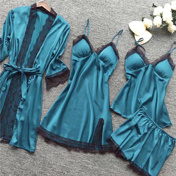 

pajama sets satin silk 4 womens sleepwears pieces nightwear pijama feminino spaghetti strap pyjamas lace, Black;red
