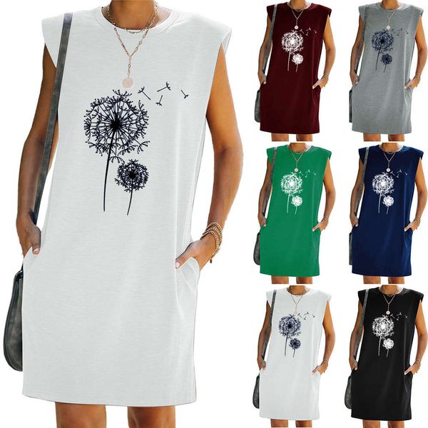 

summer fashion versatile dandelion print women's dress, Black;gray