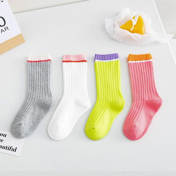 

socks 4 pairs/lot children's autumn winter splicing candy color born baby soft breathable cotton boys girls tube, Pink;yellow