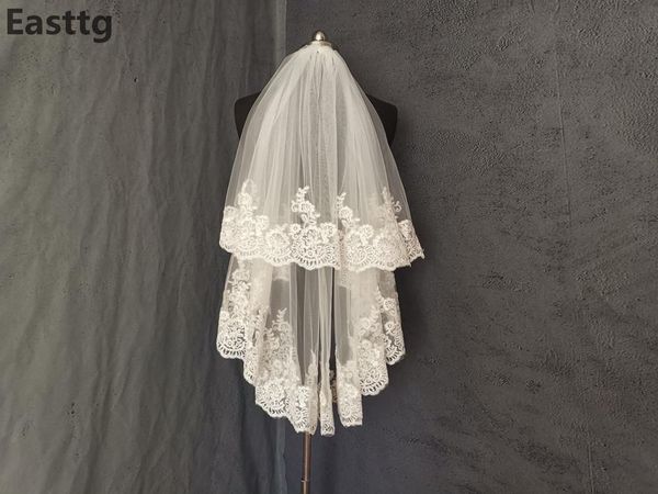 

bridal veils veu de noiva white ivory elbow length veil wedding two layer lace accessories with comb velos novia, Black