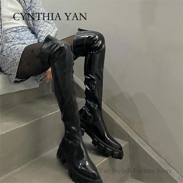 

boots women over knee high woman patent leather stretch heel ladies platform black round toe shoes botas mujer