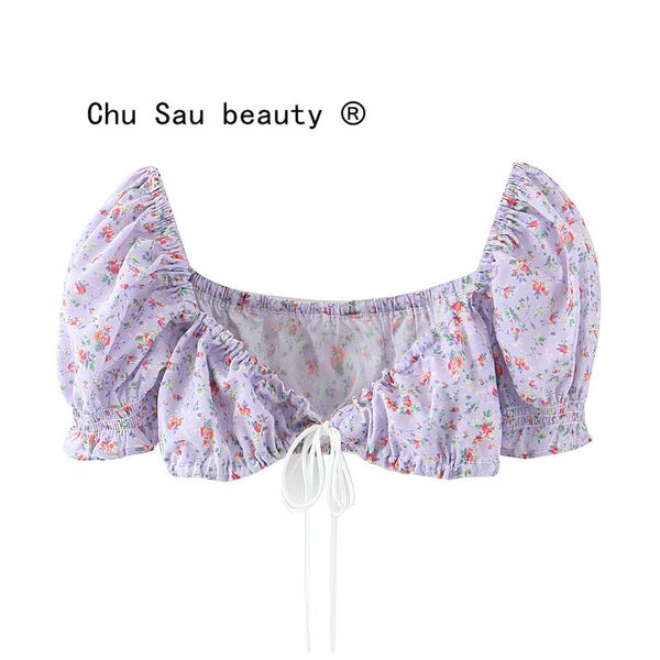 

chu sau beauty women summer purple floral drawstring crop holiday beach bubble sleeve short shirt 210508, White