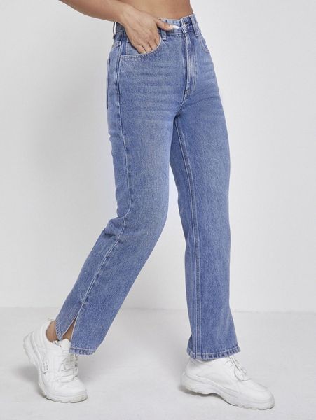 

high waist split hem straight leg jeans w7dl#, Blue