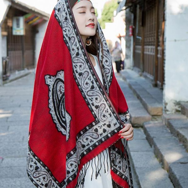 

cashmere blend wrap flower scarf women thickened warm mantilla embroidered mujer bufanda tassel autumn winter shawl scarves, Blue;gray