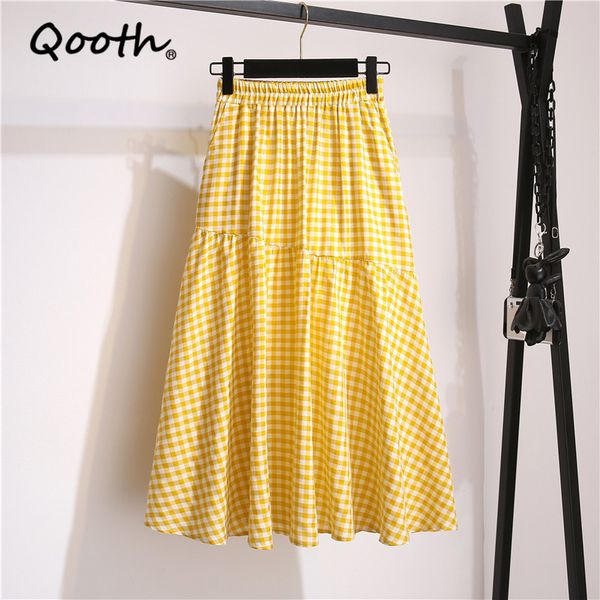 

qooth retro plaid irregular stitching skirt with pocket high waist pleated mid-length skirt elastic waist all match skirt qt720 210518, Black