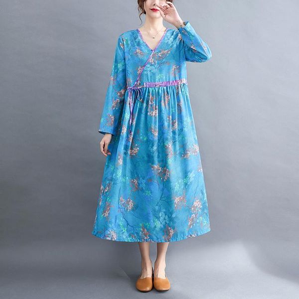 

casual dresses 2021 print floral vintage chinese style autumn dress cotton linen draw string office lady work women midi, Black;gray