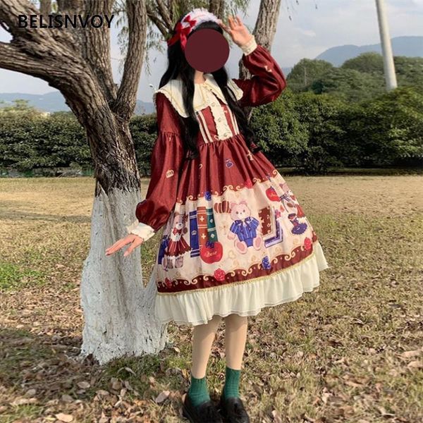 

japanese sweet princess lolita dress women vintage bear printed kawaii victorian long sleeve party dresses cosplay loli casual, Black;gray