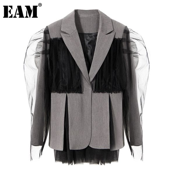 [EAM] Frauen Grau Mesh Große Größe Unregelmäßigen Blazer Revers Lange Hülse Lose Fit Jacke Mode Frühling Herbst 1DE1675 211122