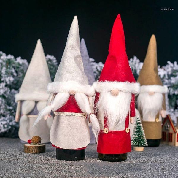 

christmas swedish gnome red wine bottle cap girl santa claus hat cover faceless doll home decoration1