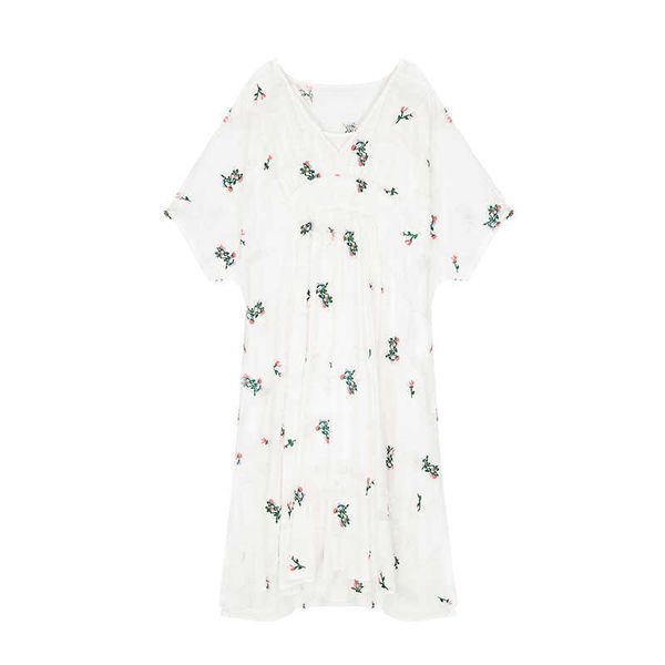 

perhaps u white loose v neck short sleeve floral flower print casual midi mid calf dress summer beach casual d0374 210529, Black;gray