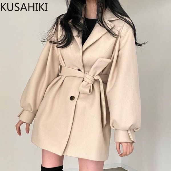 

women's jackets kusahiki 2021 autumn winter women woolen coat bow bandage slim waist elegant jacket puff sleeve turn-down collar outwea, Black;brown