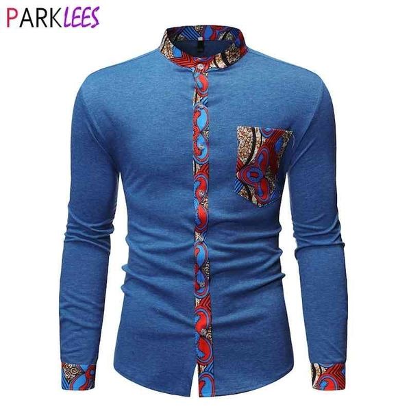 Elegante africano Dashiki Patchwork Camisa Homens Marca Manga Longa Nehru Collar Mens Vestido Camisas Afica Tradicional Roupa 210522
