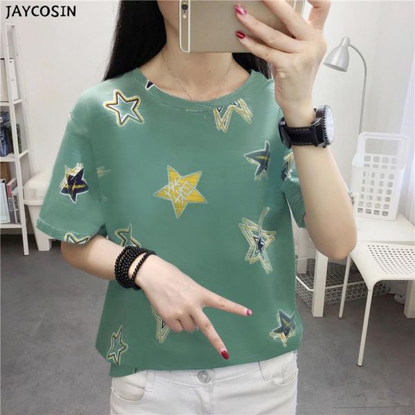

women's t-shirt ladies summer chiffon sleeve loose star print basic round neck commuter casual fasion for women, White