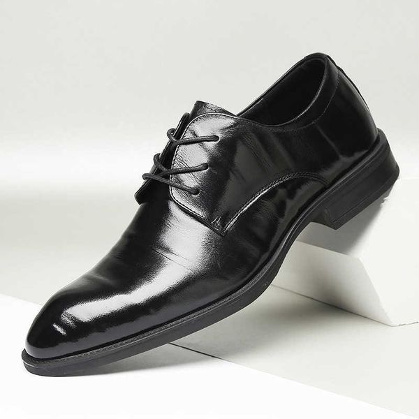 

2021 spring first layer cowhide men's formal business leather shoes korean casual low versatile lace up single, Black