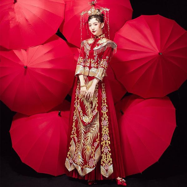 

classic tassel shawl cheongsam marriage suit embroidery phoenix chinese wedding dress traditional qipao ancient vestidos ethnic clothing, Red