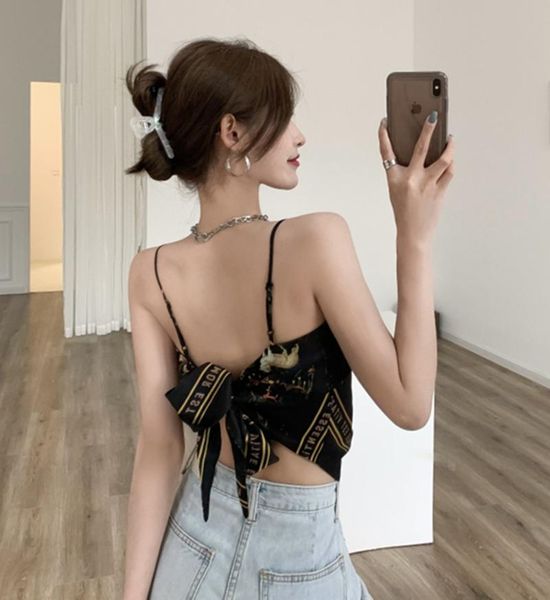 

black open back outerwear suspender waistcoat with retro scarves printed irregular bottom crop breast-wrapped women's tanks &, White