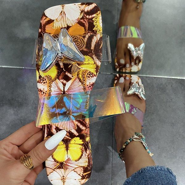 

sandals summer 2021 women's butterfly decoration clear female beach slippers open toe transparent slides, Black