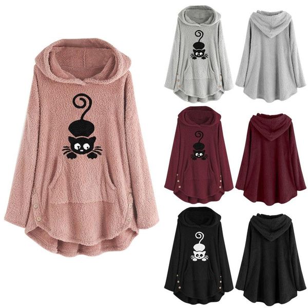 

women's hoodies & sweatshirts cat print warm hooded pullover fleece teddy jumper 2021 women hoodie oversize womens, Black