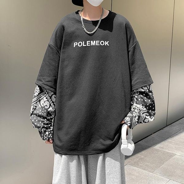 

men's hoodies & sweatshirts loose stitching fake two-piece long-sleeved round neck sweatshirt spring and autumn ins inner pullover bott, Black