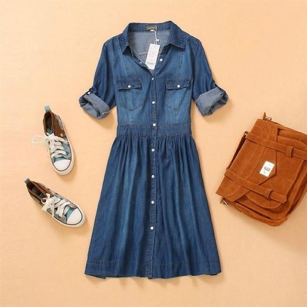 

casual dresses factory direct est summer women front buttoned denim woman plus size dress elegant lady, Black;gray