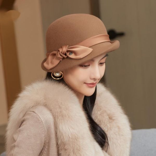 

Berets Vintage Black Wool Felt Cloche Hat With Bowknot Up Turn Brim Bowler Winter Fedoras Ladies Asymmetric Beret Cap, Blue;gray
