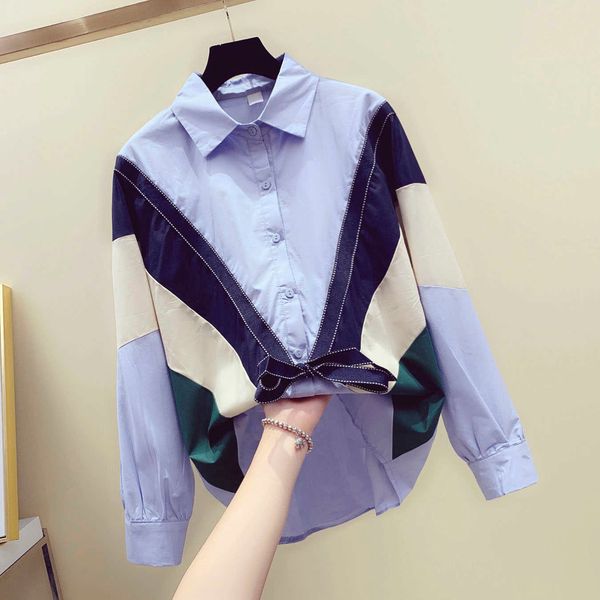 

spring and summer korean-style casual women shirts loose-fit bow lace-up shirt women's patchwork 210615, White