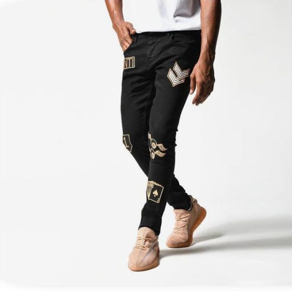 

men's jeans black motorcycle elasticity fit denim design pattern printed small feet cowboy washed trouser, Blue