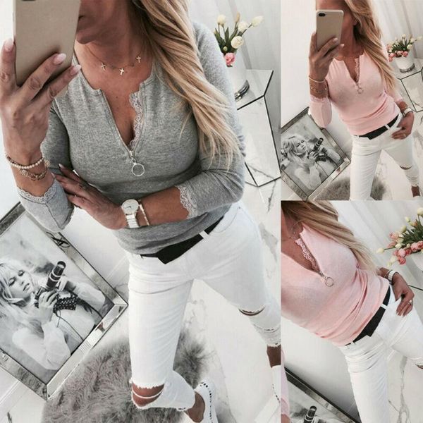 

women's t-shirt solid long sleeve lace zipper v-neck tight tee casual slim, White