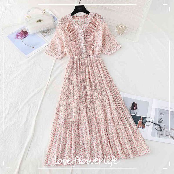 

women summer floral dresses bohemian v-neck ruffles button pleated dress vintage long chiffon print beach sundress 210521, Black;gray