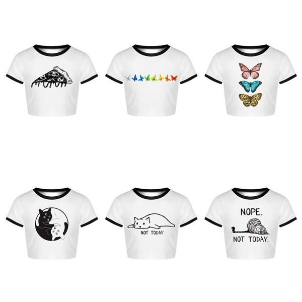 

women's t-shirt 2021 summer fashion cat digital printing navel short-sleeved crew neck slim top, White