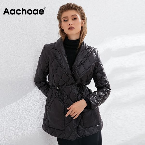 

aachoae winter autumn ultra light duck down jacket women long sleeve solid casual coat pocket office coat lady outerwear 210413, Black