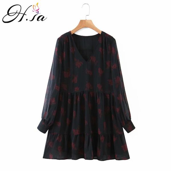 

casual dresses h.sa women long sleeve pleated vestidos v neck black floral gauze printed elegant loose robe dress, Black;gray