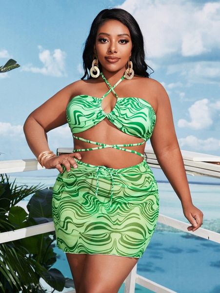 

3pack plus abstract fluid pattern criss cross bikini swimsuit & beach skirt e5m8#, Black