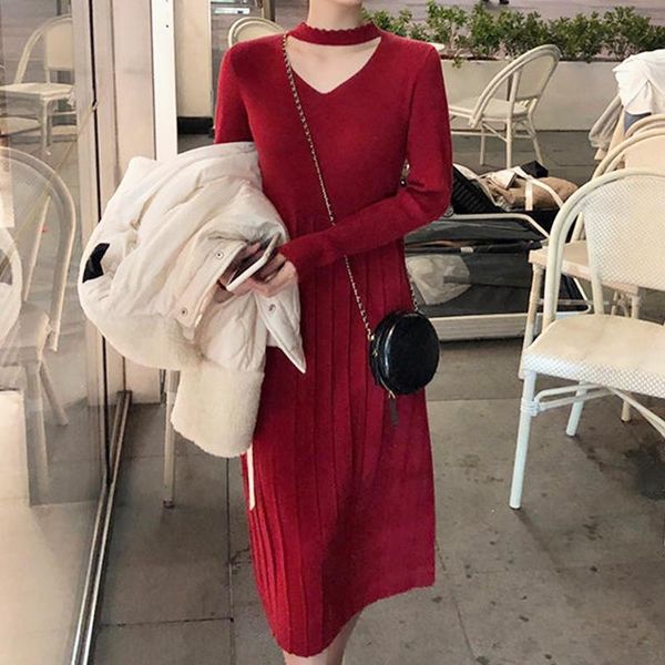 

christmas sweater dress women long sleeve midi knitted female autumn 2021 casual korean party winter office lady dresses, Black;gray