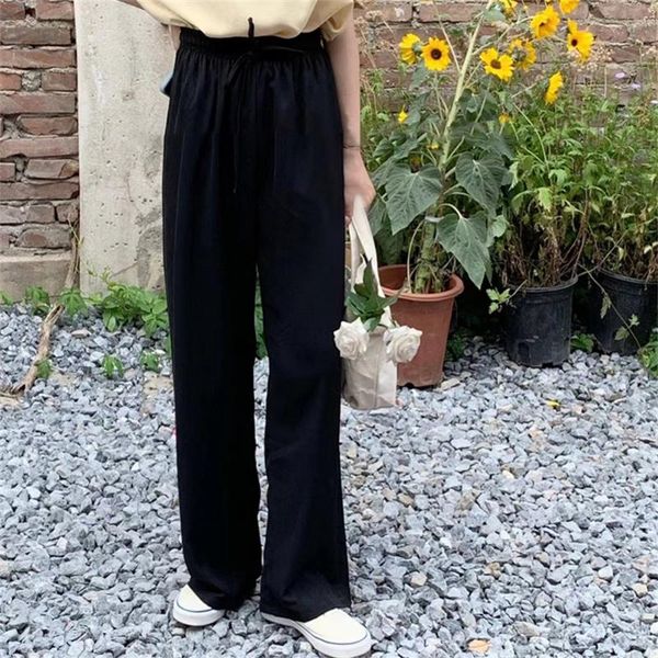 

women's pants & capris hzirip summer gentle straight loose-fitting women 2021 chic elastic-waist casual fashion high waist all match fe, Black;white