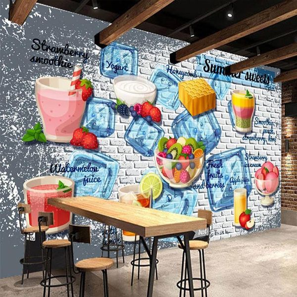 Wallpapers Personalizado Qualquer Tamanho Mural Wallpaper 3D Bebida Frio Loja Leite Chá Suco De Fruta Tijolo Parede de Fundo Papel PVC Impermeável Adesivos