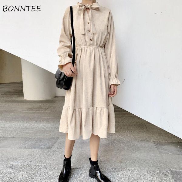

high waist dress women autumn bow vintage elegant long sleeve ruffles sweet simple daily fashion trendy a-line vestidos chic casual dresses, Black;gray