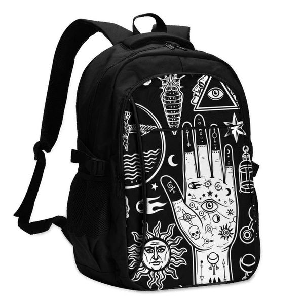 

backpack bags school teenageresoteric tattoos human hands alchemical symbols mysticism occultism usb charge computer lapback